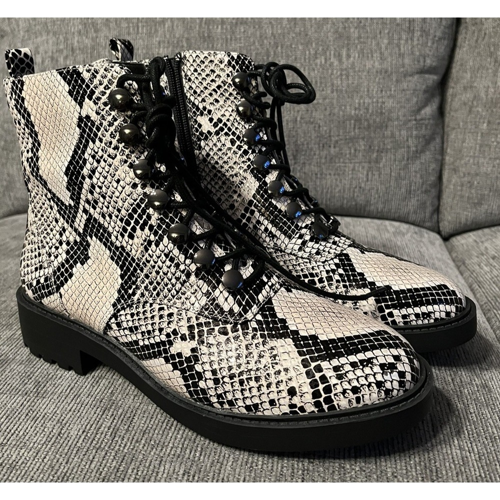 LINEA Paolo Women Snake Print Leather Moto Ankle Boots Black White Size 8